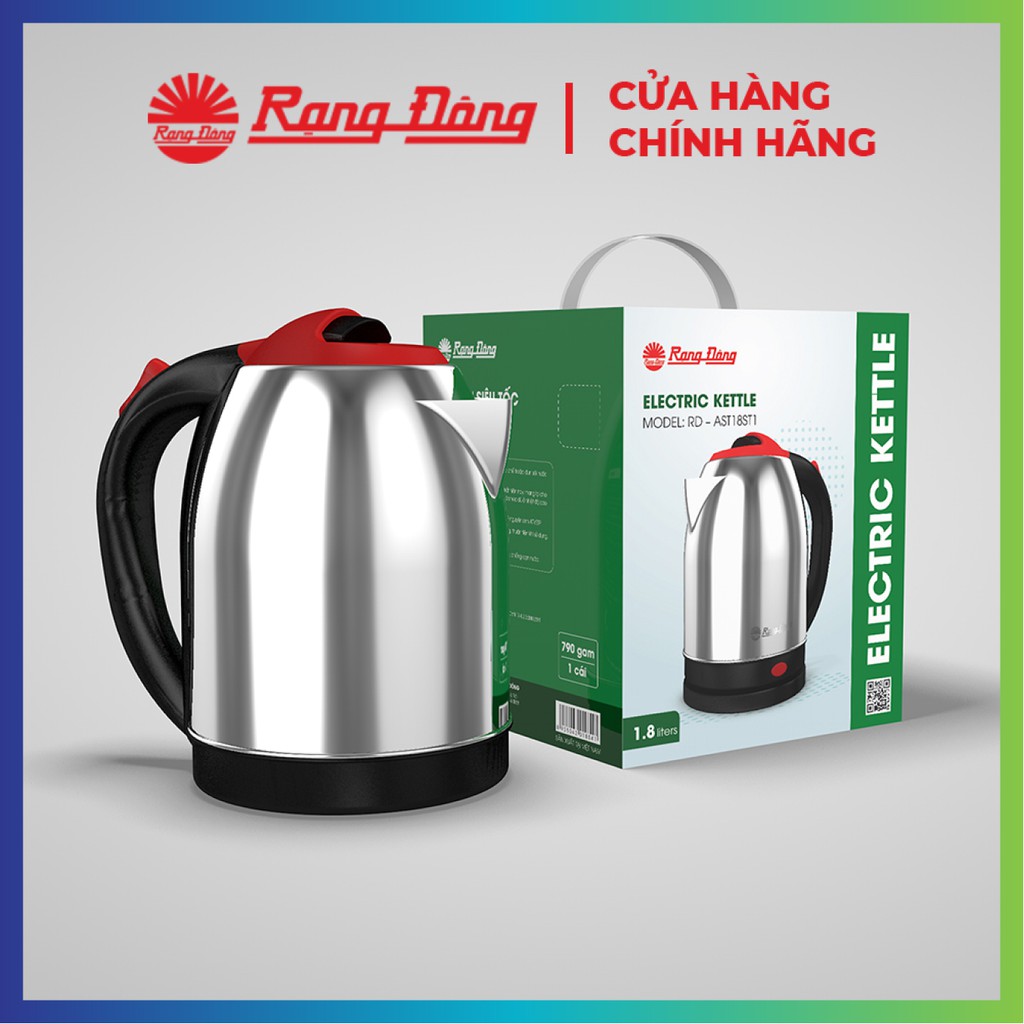 [Mã giảm 10% đơn 99K] Ấm điện siêu tốc 1,8 lít Rạng Đông Inox 304 cao cấp, model RD-AST18ST1, 2 màu nắp đỏ/nắp xanh