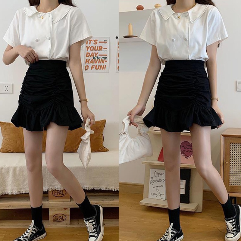 Chân Váy Chữ A Mini Lưng Cao Viền Xếp Nếp Màu Trơn Dành Cho Nữ