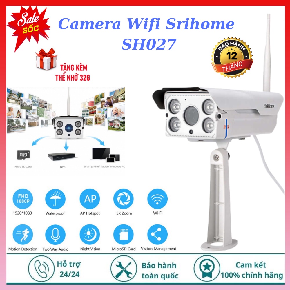 Camera Wifi Srihome ngoài trời SH027 FULL HD 3MPX xem đêm có màu , ghi âm giọng nói , đàm thoại , theo dõi chuyển động