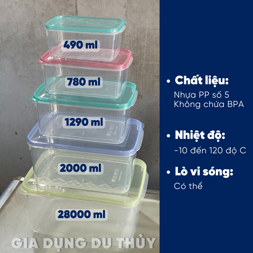 Hộp nhựa đựng thực phẩm trong suốt hình chữ nhật có nắp đậy nhiều size chất liệu nhựa PP5 an toàn, chịu nhiệt không BPA