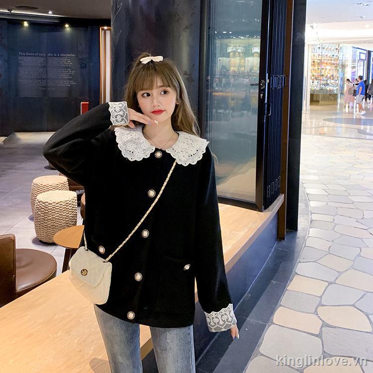 ❤Nước hoa quà tặng❤Đen Áo Khoác Cardigan Tay Dài Dáng Rộng Phối Ren Thời Trang Cho Nữ