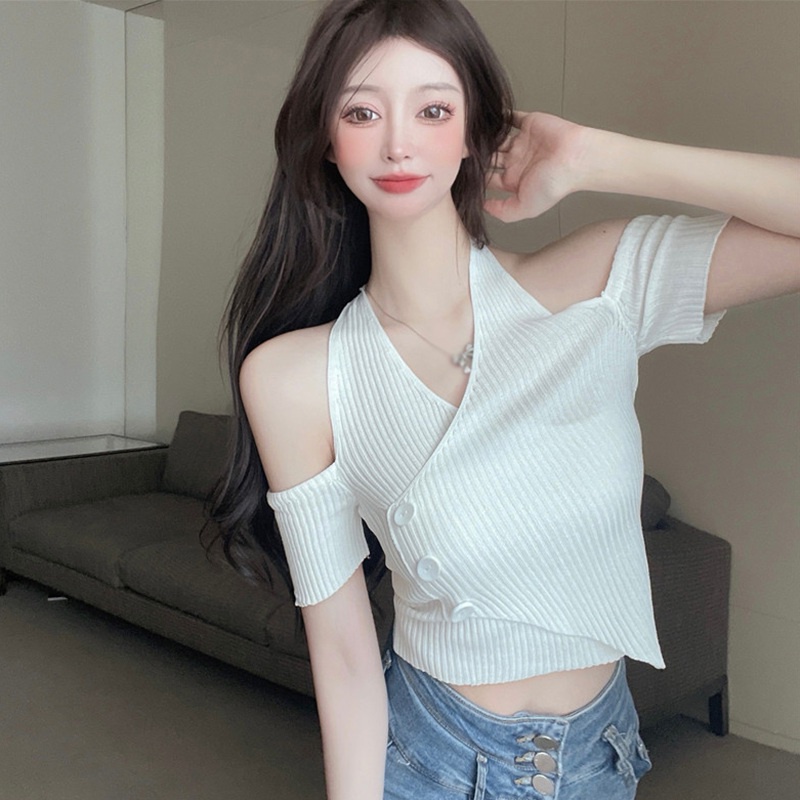Áo Thun Dệt Kim Tay Ngắn Dáng Ôm Thời Trang Quyến Rũ Cho Nữ