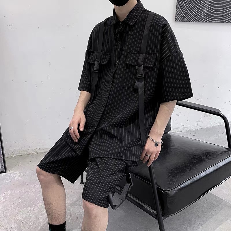 Set Áo Sơ Mi Tay Lỡ Kẻ Sọc Phối Quần Yếm Phong Cách Hip Hop Thời Trang Cá Tính Cho Nam