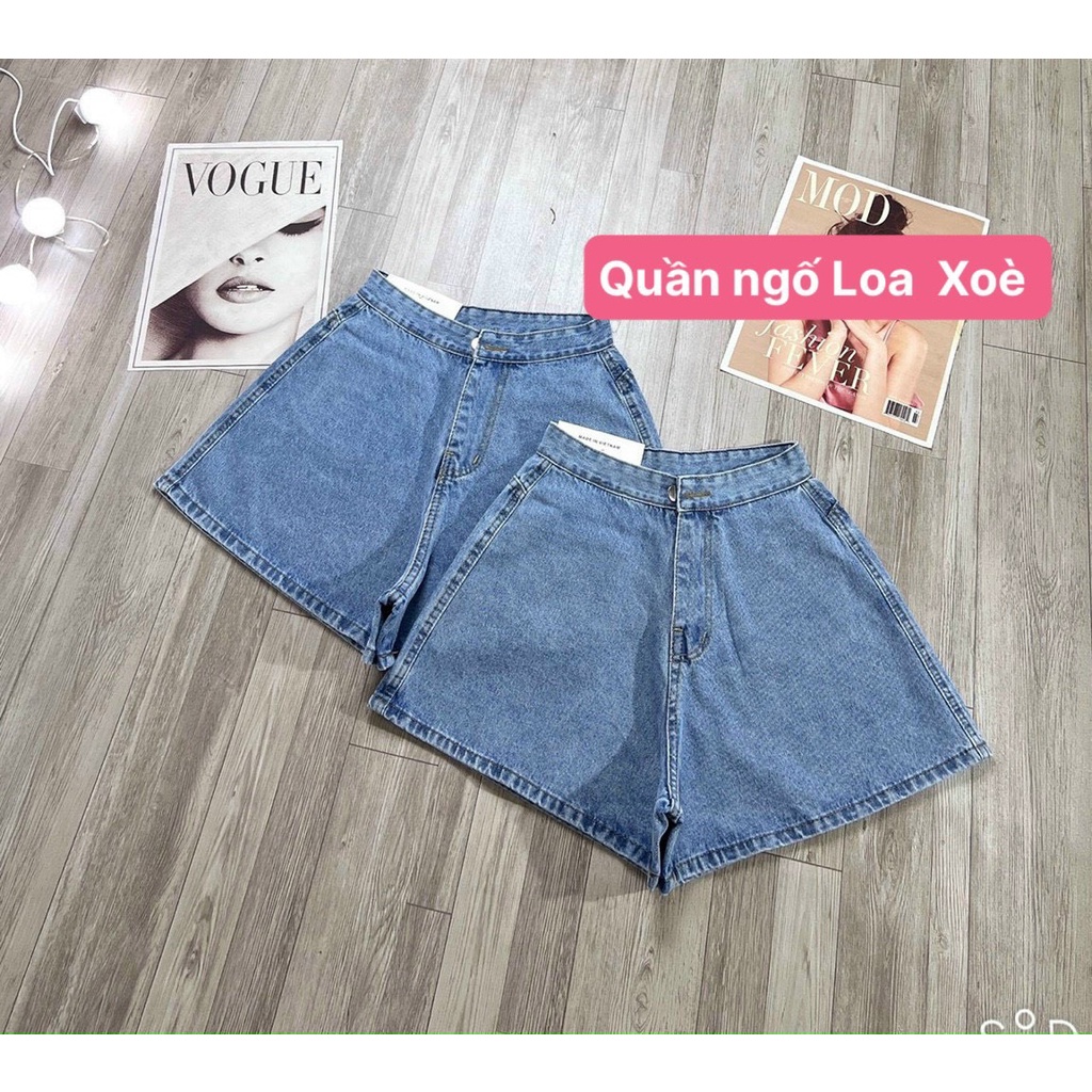Quần đùi sọt jean denim nữ lưng cao ko túi ống loe trơn xinh đủ size