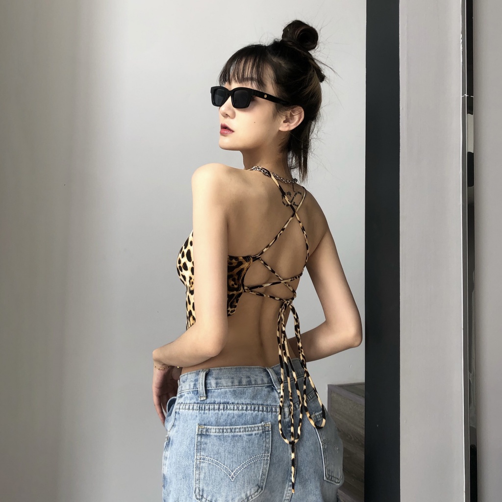 Amyway Áo hai dây cột dây chéo ngực in họa tiết da báo hoang dã gợi cảm cho nữ