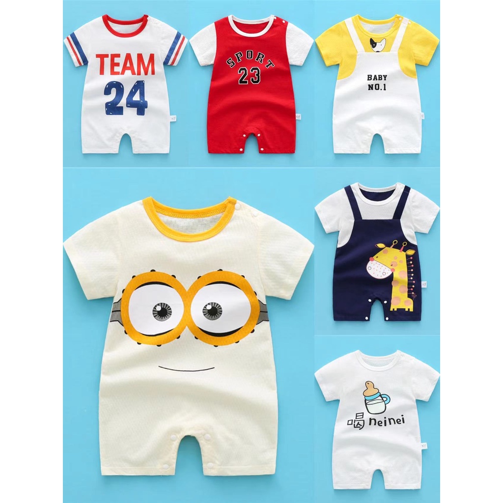 Bộ Áo Liền Quần Tay Ngắn Chất Liệu Cotton In Hình Minions One Piece Cho Bé Sơ Sinh 0-30M