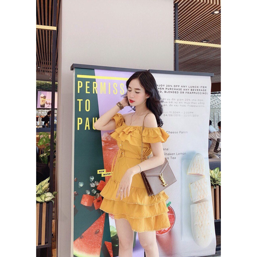 Sét Bộ Voan Áo Bèo Trễ Vai Nút Giữa Cột Nơ Eo Phối Chân Váy Đuôi Cá Sang Trọng TTSA0604