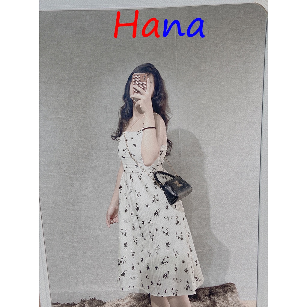 Váy hai dây hoa nhí lưng chun kèm áo cardigan croptop- Hana06