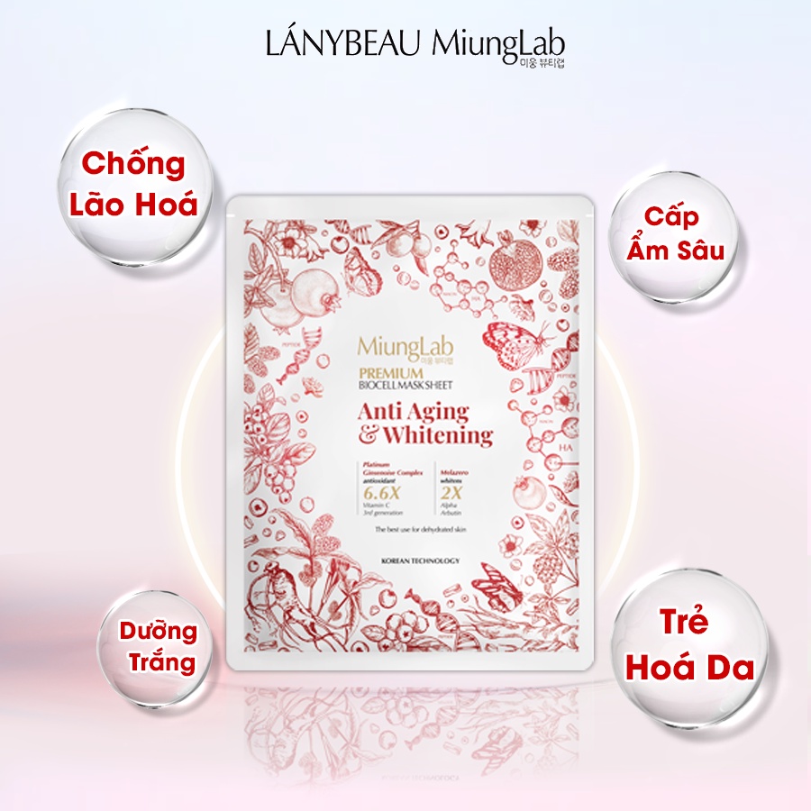 Mặt nạ chống lão hóa dưỡng trắng da LÁNYBEAU MiungLab Premium Anti-Aging & Whitening Biocell Mask Sheet - Mask Biocell