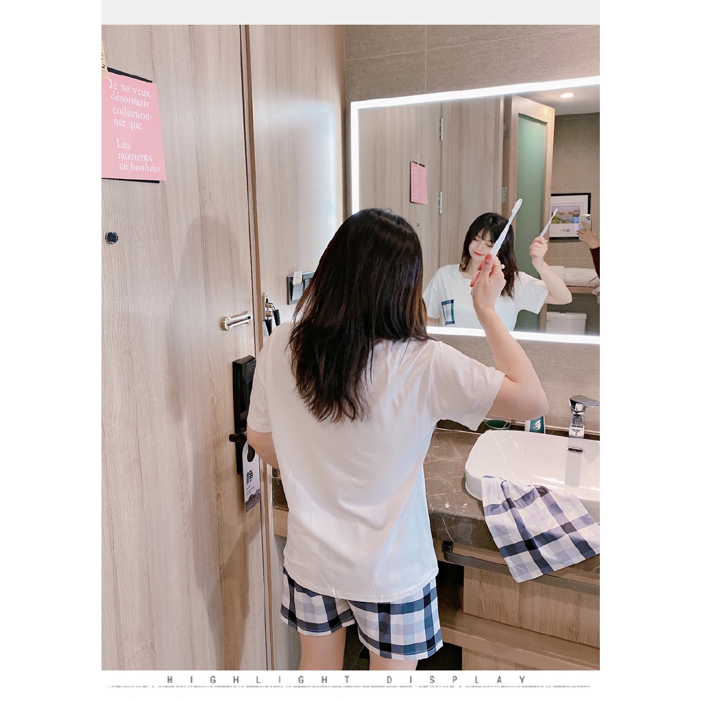 summer women new korean plaid print short-sleeved T-shirt and shorts pajama set 2 pieces | BigBuy360 - bigbuy360.vn