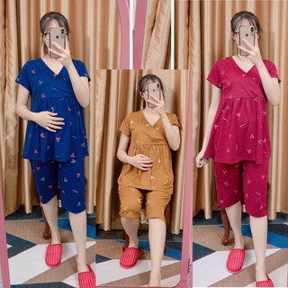 Bộ bầu sau sinh Lửng, vén chéo cho con bú, họa tiết Trái Tim, chất cotton cho bà bầu mặc nhà Mùa Hè size 45 - 68kg