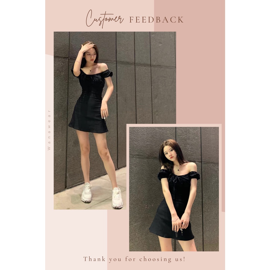 Váy xòe chữ A cổ vuông nhún ngực tay bồng màu đen WANAWEAR đầm ôm body trễ vai sexy quyến rũ hàng quảng châu cao cấp