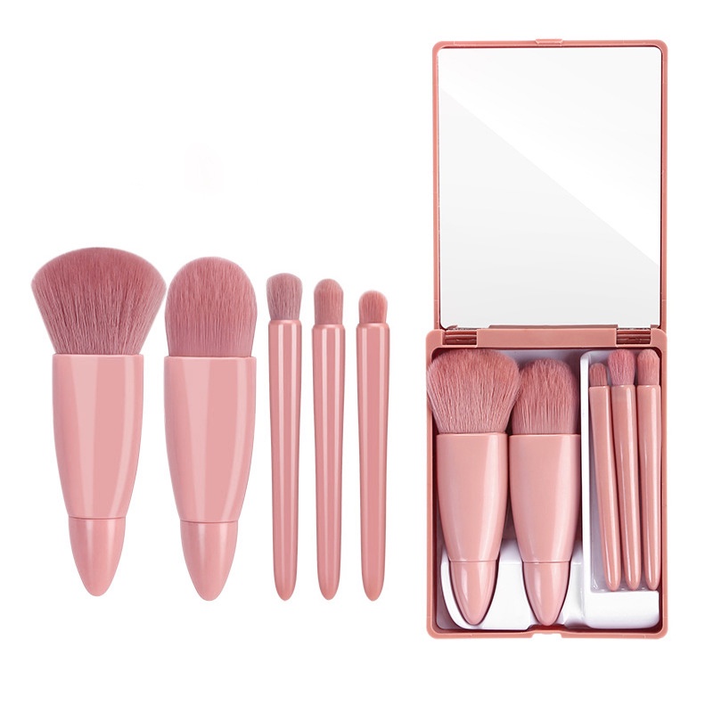 Bộ cọ trang điểm makeup cá nhân combo bộ 5 món kèm hộp gương màu hồng
