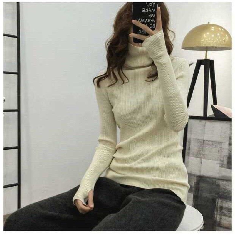 Áo len cổ lọ lông thỏ tay xỏ ngón