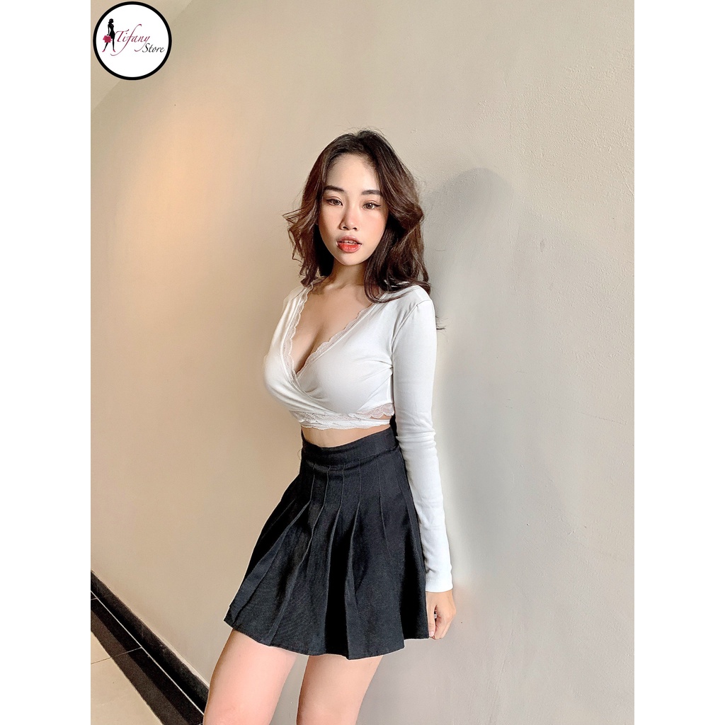 Áo Croptop Viền Bèo Tay Dài Cột Dây Eo Big Size Dưới 80Kg Chất Thun Màu Trắng "REN"