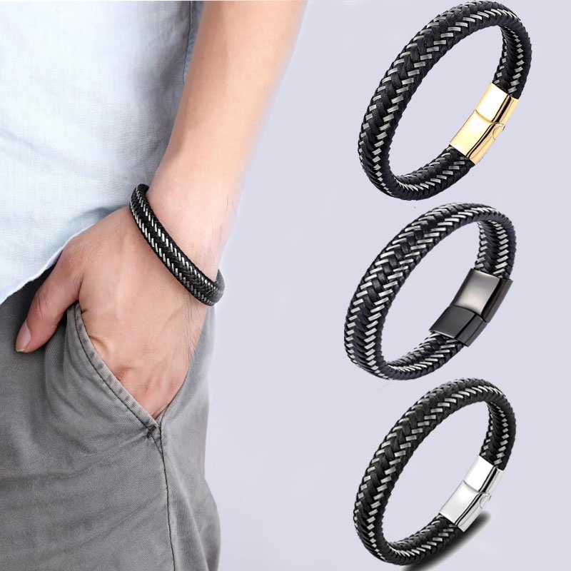 Vòng Tay Da Phối Thép Không Gỉ Khoá Nam Châm