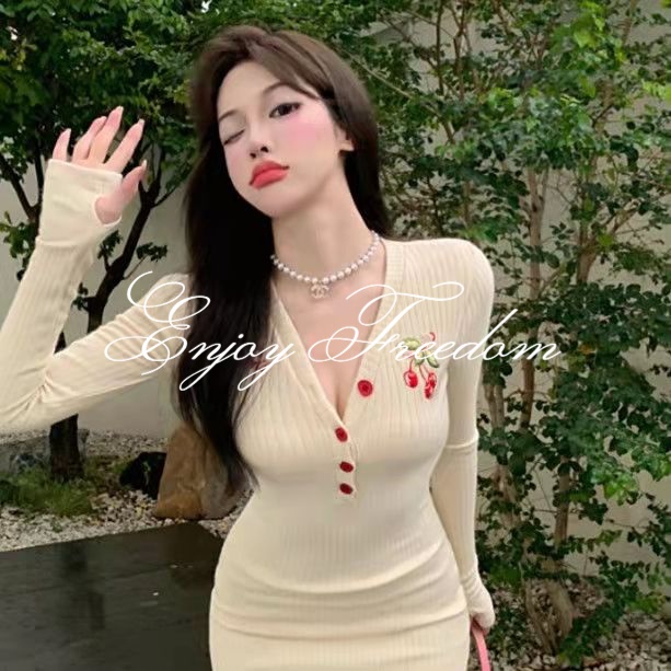 Enjoy Freedom Đầm Ngắn Ôm Eo Cổ Chữ V Thêu Hình Quả Cherry Phong Cách Vintage Dành Cho Nữ