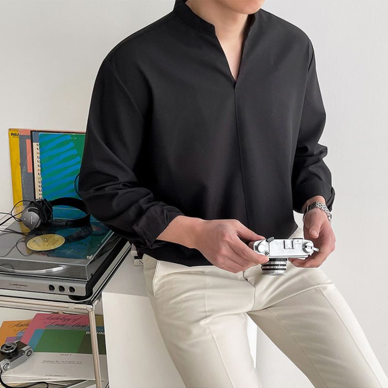 Sơ mi nam hàn quốc form rộng cổ V cao cấp áo nam unisex , lụa không nhăn cổ tàu cổ trụ dáng ôm suông rộng thời trang