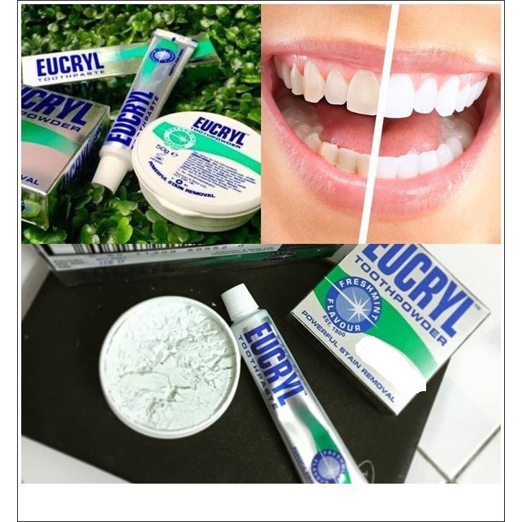 Combo Bột Tẩy Trắng Răng + Kem Đánh Răng Làm Trắng Răng Hương Bạc Hà EUCRYL Tooth Paste Freshmint