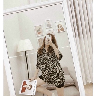 Sét áo sơmi beo tay lỡ kèm quần thun ngố