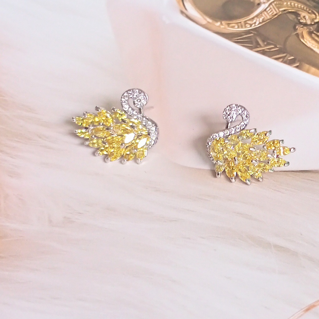 Bông tai bạc 925 thiên nga đính đá zircon tím, vàng, hồng