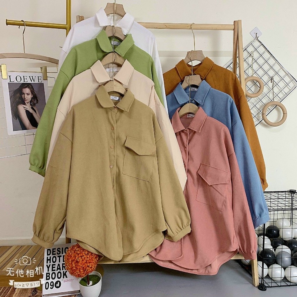 Áo sơ mi nhung tăm vạt bầu nắp túi 1 bên trẻ trung nhiều màu sắc