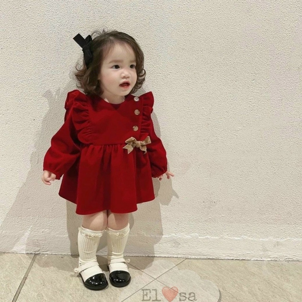 Váy bé gái thu đông, Váy babydoll Hàn Quốc vải nhung cài cúc dễ thương cho bé gái từ 6 đến 16 kg