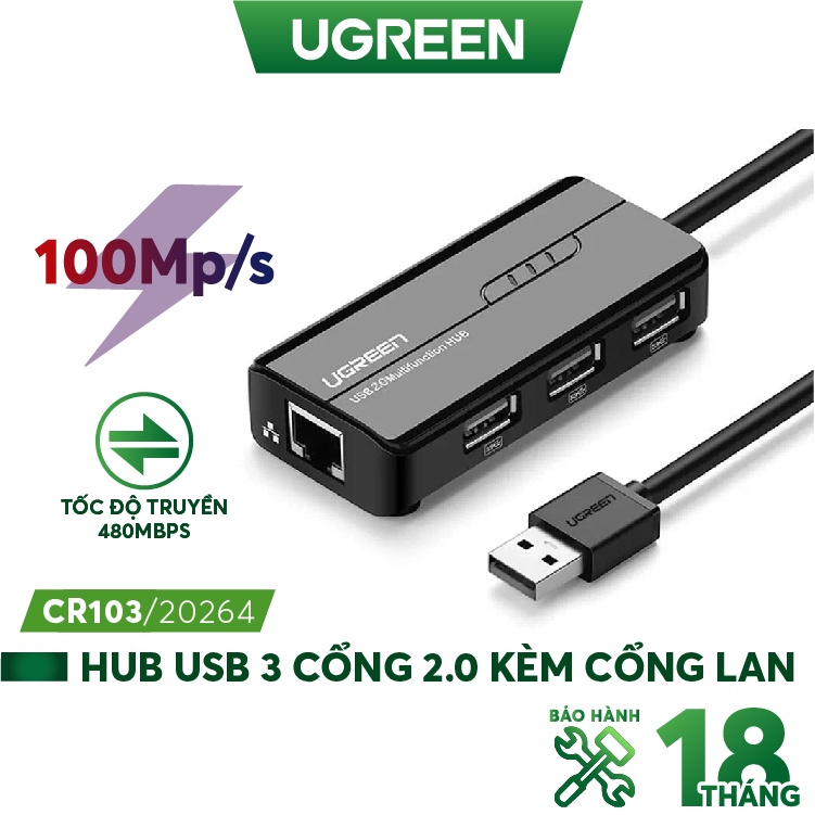 Bộ chia HUB USB 3 cổng 2.0 kèm cổng mạng LAN 10/100Mbps UGREEN CR103 20264 (Đen)