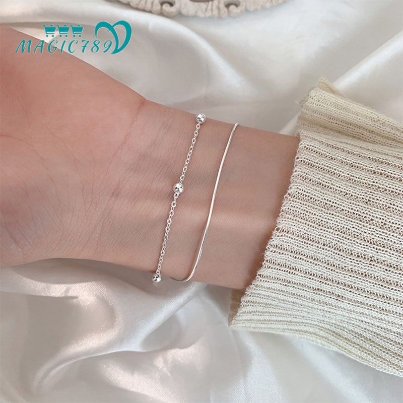 Magic789 Phong cách Hàn Quốc Hai lớp Hạt bạc Nhỏ Vòng tay cho Nữ Cô gái Thời trang Đơn giản Trang sức Chuỗi Cổ tay