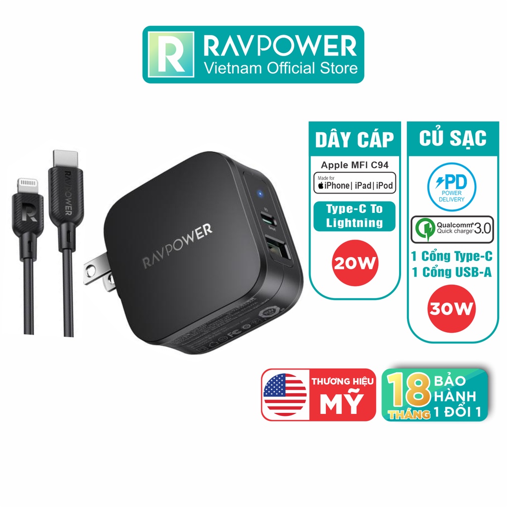 Bộ Củ Sạc RAVPower RP-PC144 Cáp Type-C to Lightning MFI 30W Sạc Nhanh iPhone, iPad - Hàng Chính Hãng