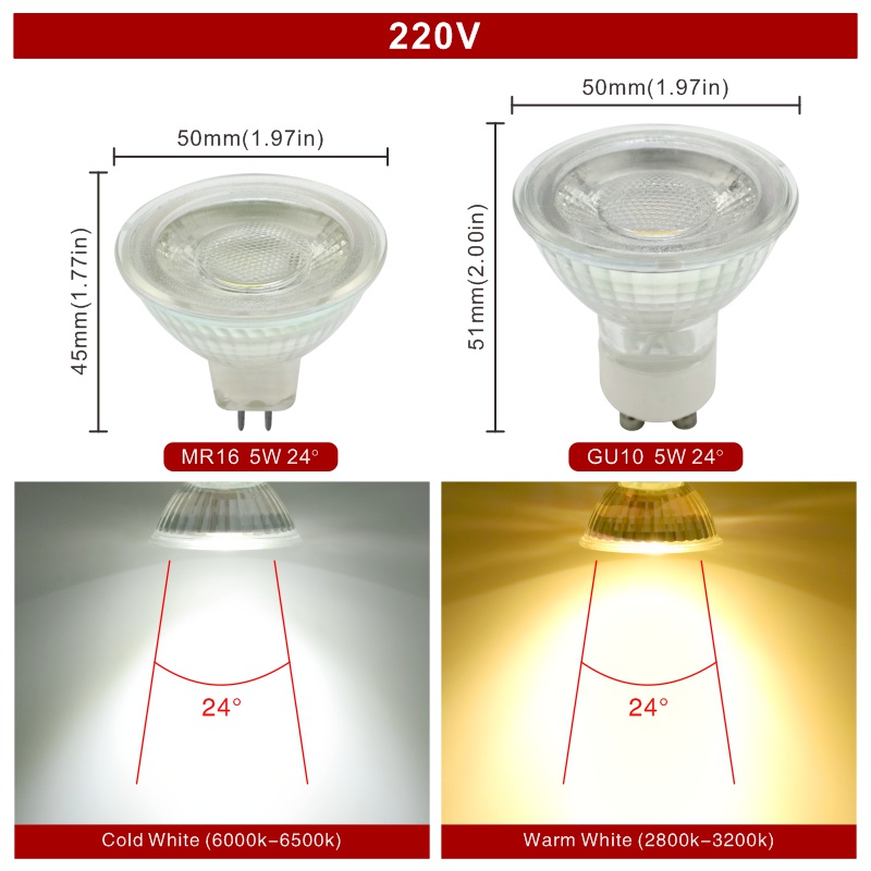 Bóng Đèn LED COB 12V 220V MR16 GU10 GU5.3 3W 5W 24 / 120 Độ Ánh Sáng Trắng Ấm / Lạnh