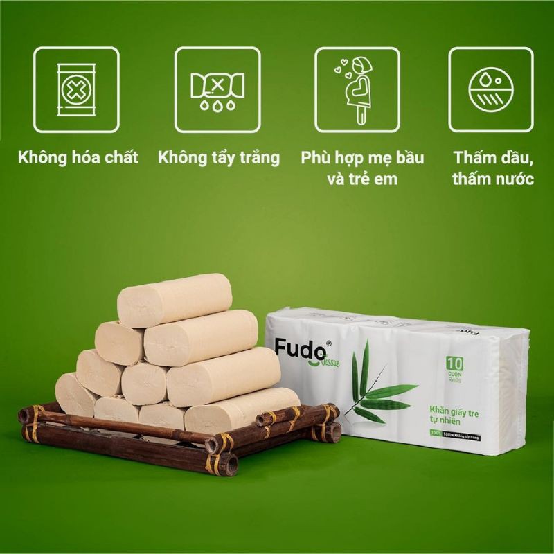 Giấy vệ sinh FUDO không lõi 100% bột tre, không tạo mùi, không tẩy trắng 10 cuộn (1 túi).