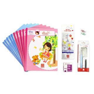 [TẶNG HỘP 6 ỐNG MỰC] Combo 10 vở 4 ly ngang Hồng Hà 96 trang 0371, bộ eke & 1 bút máy nét hoa 2276 - Class 01 tiểu học