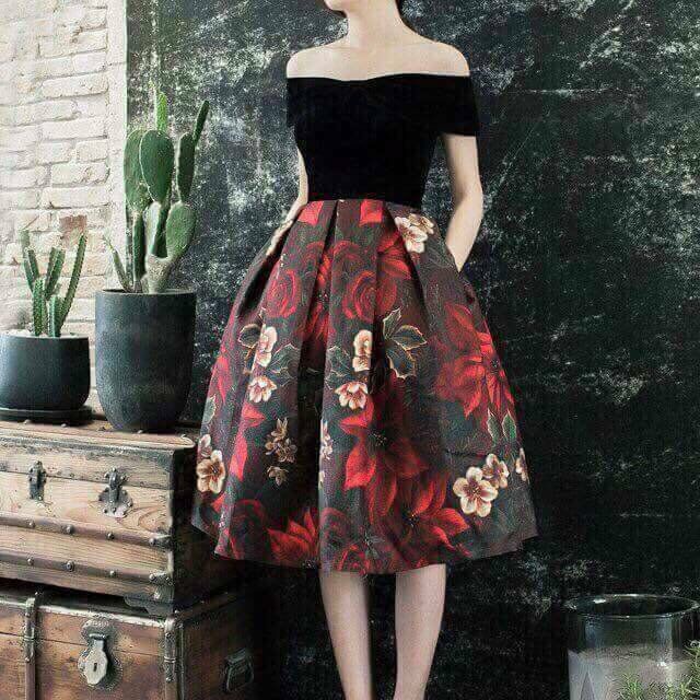 Đầm xòe tùng phối gấm