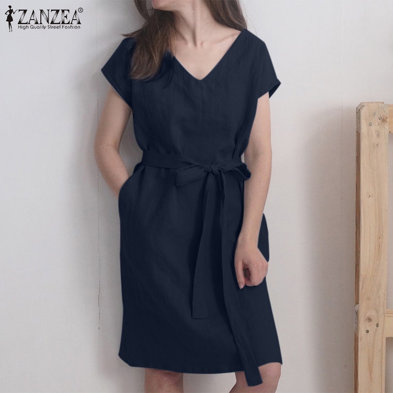 Zanzea Đầm Midi Tay Ngắn Cổ Chữ V Màu Trơn Phong Cách Châu Âu Thời Trang Cho Nữ