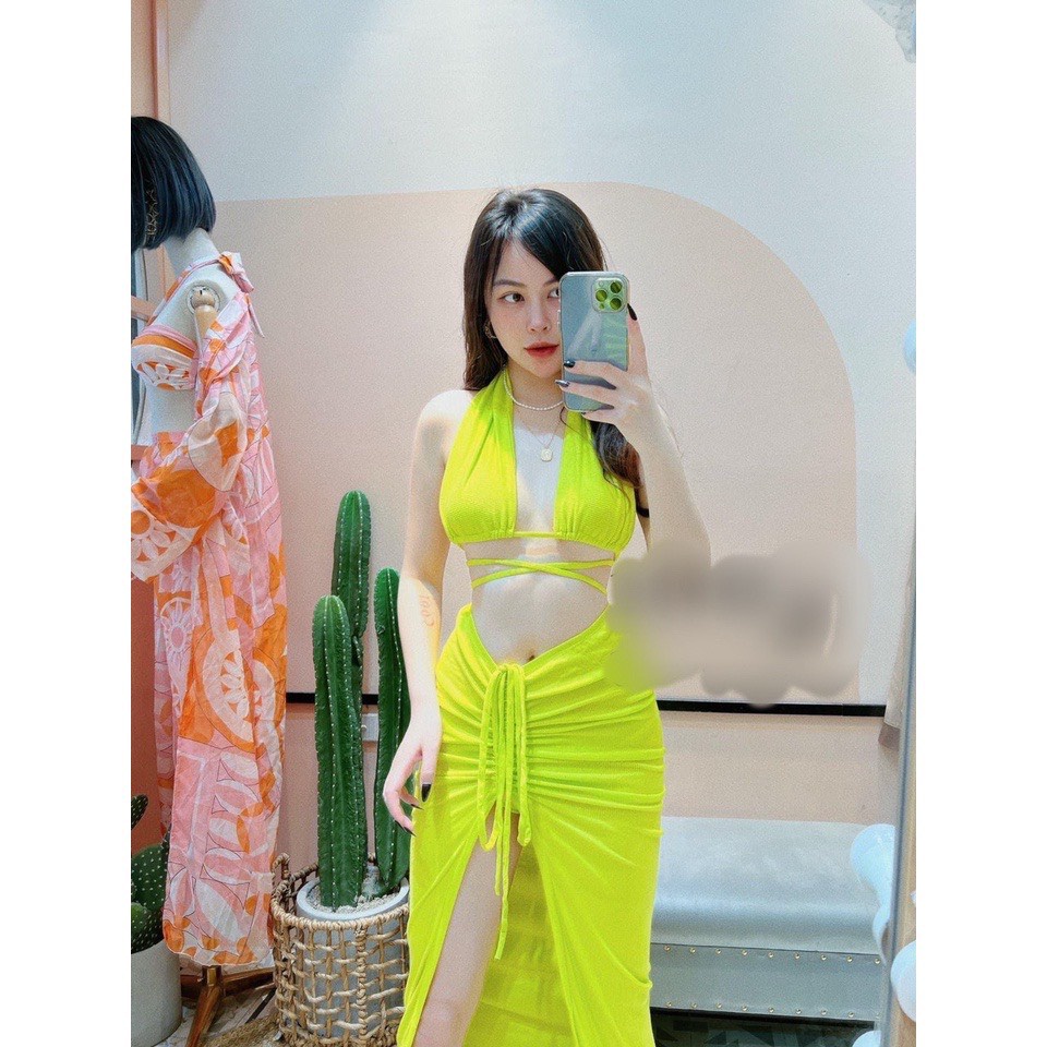 SET 3 MÓN BIKINI, ĐỒ BƠI ĐI BIỂN ÁO 2 VẠT DÂY DÀI QUẦN CHIP KÈM QUÂY RÚT DÂY SEXY HOT BM-114