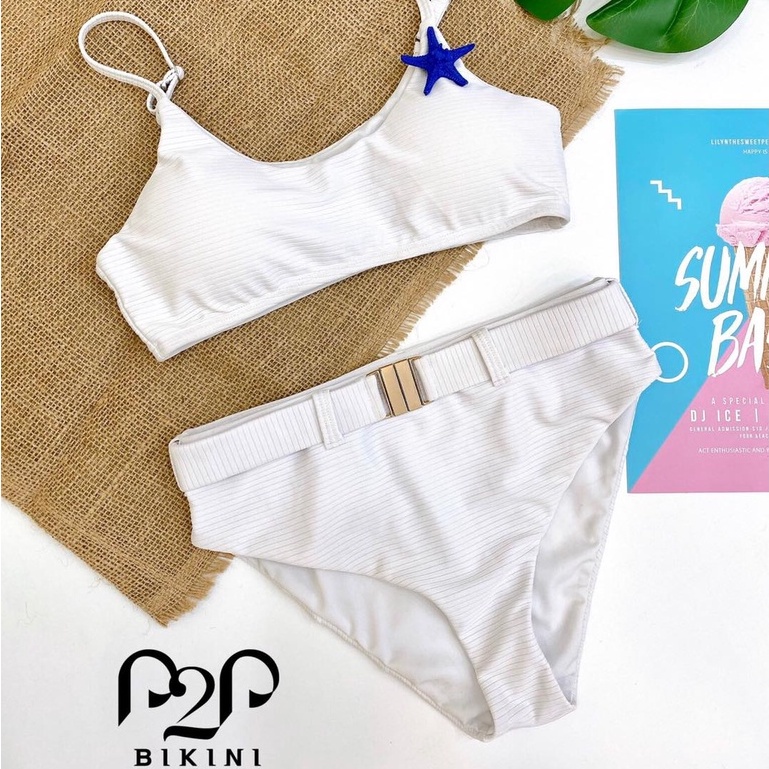P2P BIKINI - Bikini hai mảnh áo mút hai dây, quần phối khoen lưng cao trắng - BTK370M_LC