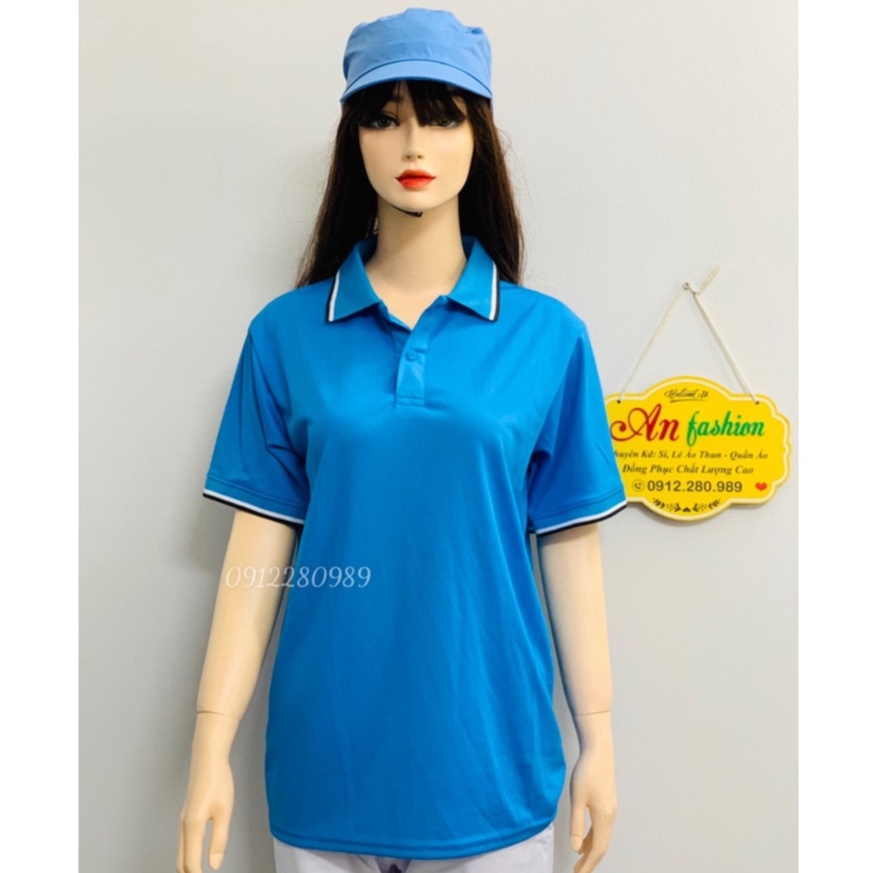 Áo thun có cổ màu xanh nhạt vải cá sấu mè nhẹ mát cho nam nữ _ Hình chụp thật