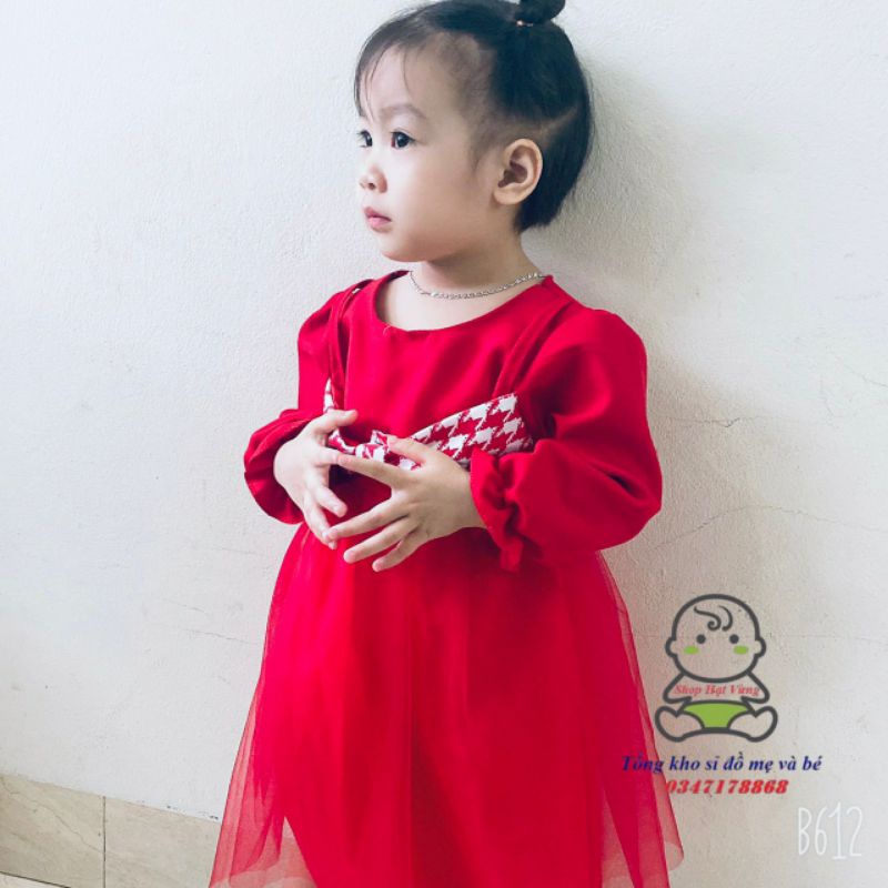 Váy bé gái - Váy dạ nhung nơ ngực siêu xinh cho bé 1-5 Tuổi