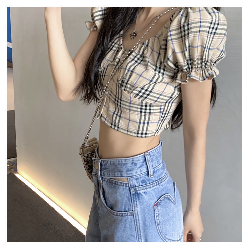 Áo Croptop Tay Ngắn Hở Vai Họa Tiết Sọc Caro Phong Cách Vintage