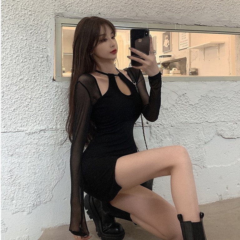 QADCOL  Đầm QADCOL tay dài phối ren thời trang dành cho nữ