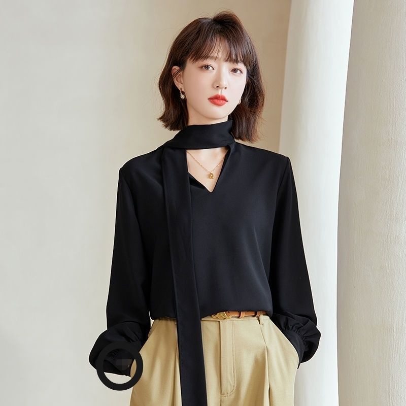 Áo Sơ Mi Chiffon Màu Đen Cột Dây Ruy Băng Phong Cách Pháp Thời Trang Cho Nữ