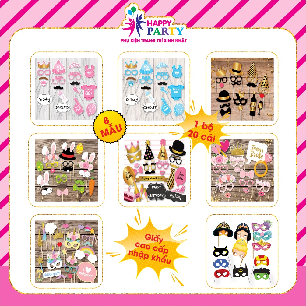 Phụ kiện chụp ảnh, phụ kiện chụp hình photoboth HAPPY PARTY siêu dễ thương 8 mẫu nhiều món