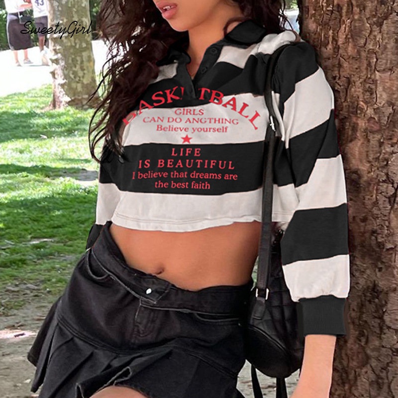 Áo Thun Polo Tay Dài Cổ Bẻ In Họa Tiết Sọc Trắng Đen Thời Trang 2022 Cho Nữ