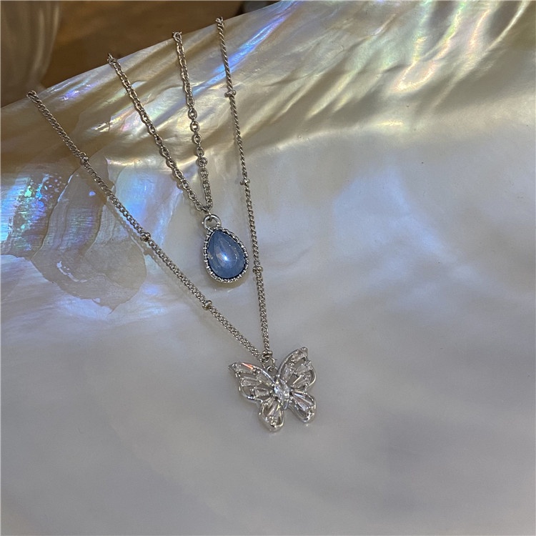 Dây chuyền 19A1074 đính đá zircon hình giọt nước màu xanh dương / mặt bướm phong cách cổ điển Hàn Quốc