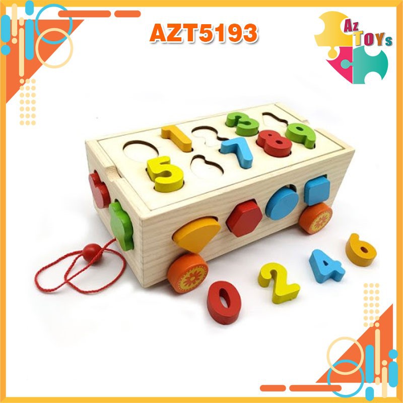 Đồ Chơi Gỗ Xe Kéo Thả Hình Ghép Số Montessori 2 Trong 1 Cho Bé – AZT5193