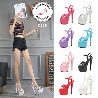 Giày cao gót 17cm gót nhon da bóng quai mảnh đan chéo quai vòng cổ chân nhiều màu Ms C286