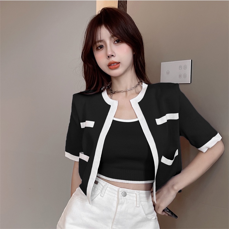 Porozi  Áo croptop/ Áo khoác cardigan dệt kim  đơn giản màu sắc tương phản Hàn Quốc 3 màu lựa chọn dành cho nữ