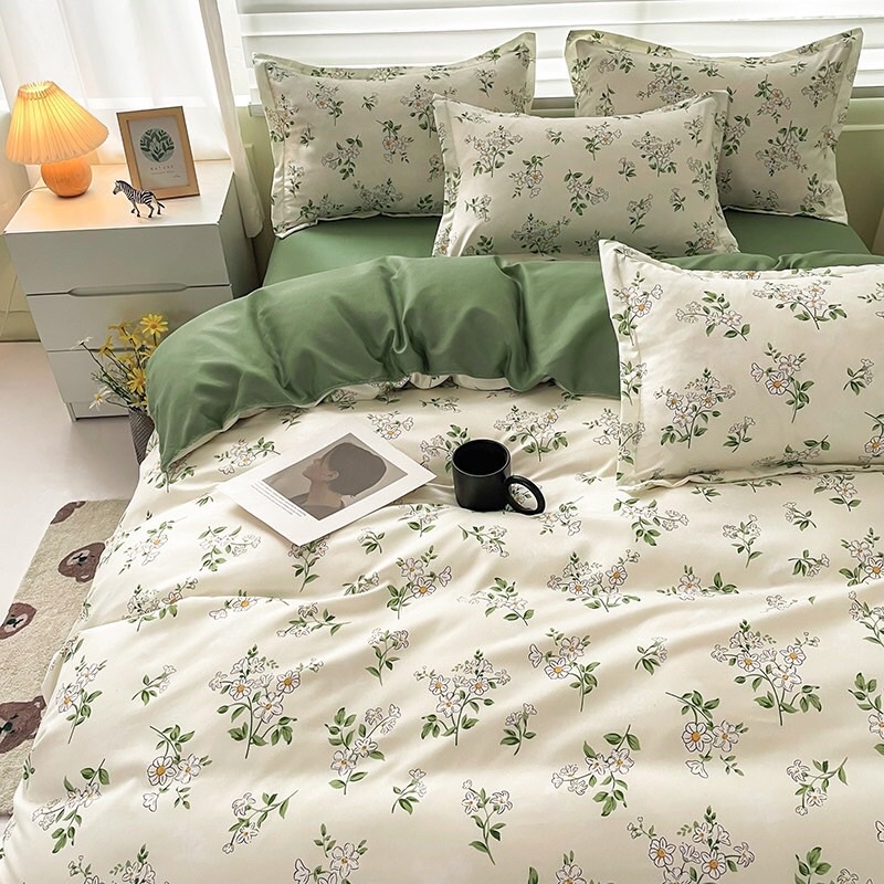 Bộ chăn ga gối Cotton Poly Bo Decor cánh hoa xanh, vỏ chăn mền, drap giường và 2 vỏ gối