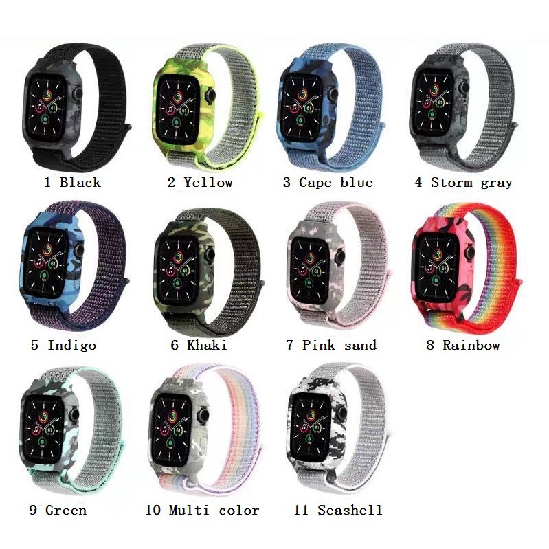 【Dây đeo + Vỏ】 Dây đeo Apple Watch Ngụy trang 38/40mm 42/44mm Vòng nylon dệt mềm mại thoáng khí với Vỏ silicon cho iWatch Series SE 6/5/4/3/2/1